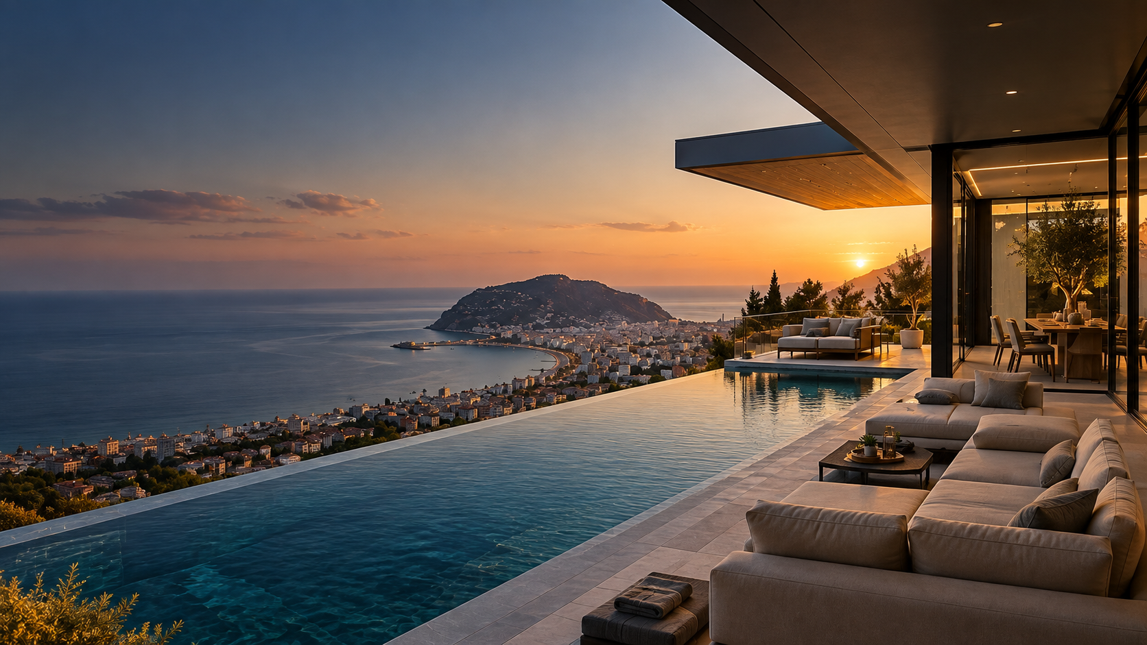 WestHome concept image of a luxury Mediterranean sea-view villa at sunset